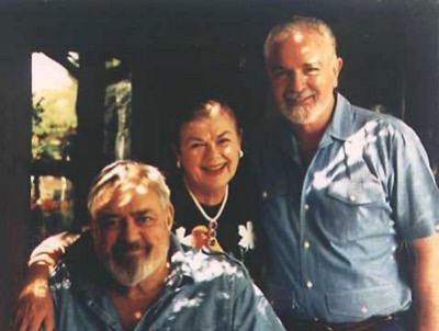 Raymond Burr (seated) with his Perry Mason co-star Barbara Hale and his partner Robert Benevides.